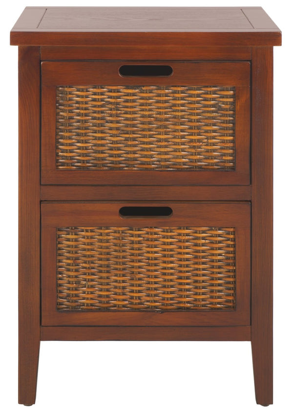 Safavieh Jonah Two-Drawer End Table: Elegant British Colonial Accent With Woven Panels & Compact Design Walnut AMH6531A