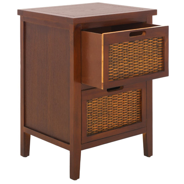 Safavieh Jonah Two-Drawer End Table: Elegant British Colonial Accent With Woven Panels & Compact Design Walnut AMH6531A