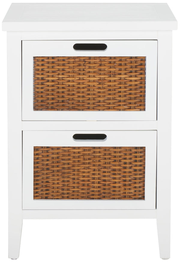 Safavieh Jonah Two-Drawer End Table: Elegant British Colonial Accent With Woven Panels & Compact Design White AMH6531D