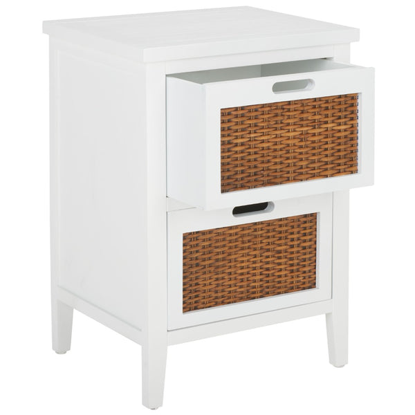 Safavieh Jonah Two-Drawer End Table: Elegant British Colonial Accent With Woven Panels & Compact Design White AMH6531D