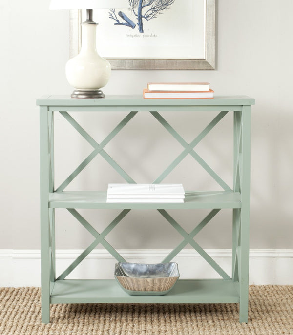 Safavieh Liam Farmhouse-Style 2-Tier Open Bookcase With X-Frame Design For Stylish Storage And Display Dusty Green AMH6536D