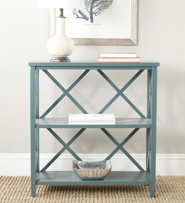 Safavieh Liam Farmhouse-Style 2-Tier Open Bookcase With X-Frame Design For Stylish Storage And Display Teal AMH6536E