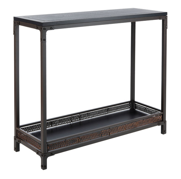Safavieh Dinesh Industrial Console Table With Storage Shelf - Stylish Black Wood Top & Wicker Finish Design AMH6548A
