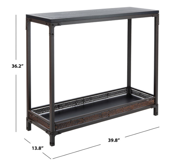Safavieh Dinesh Industrial Console Table With Storage Shelf - Stylish Black Wood Top & Wicker Finish Design AMH6548A