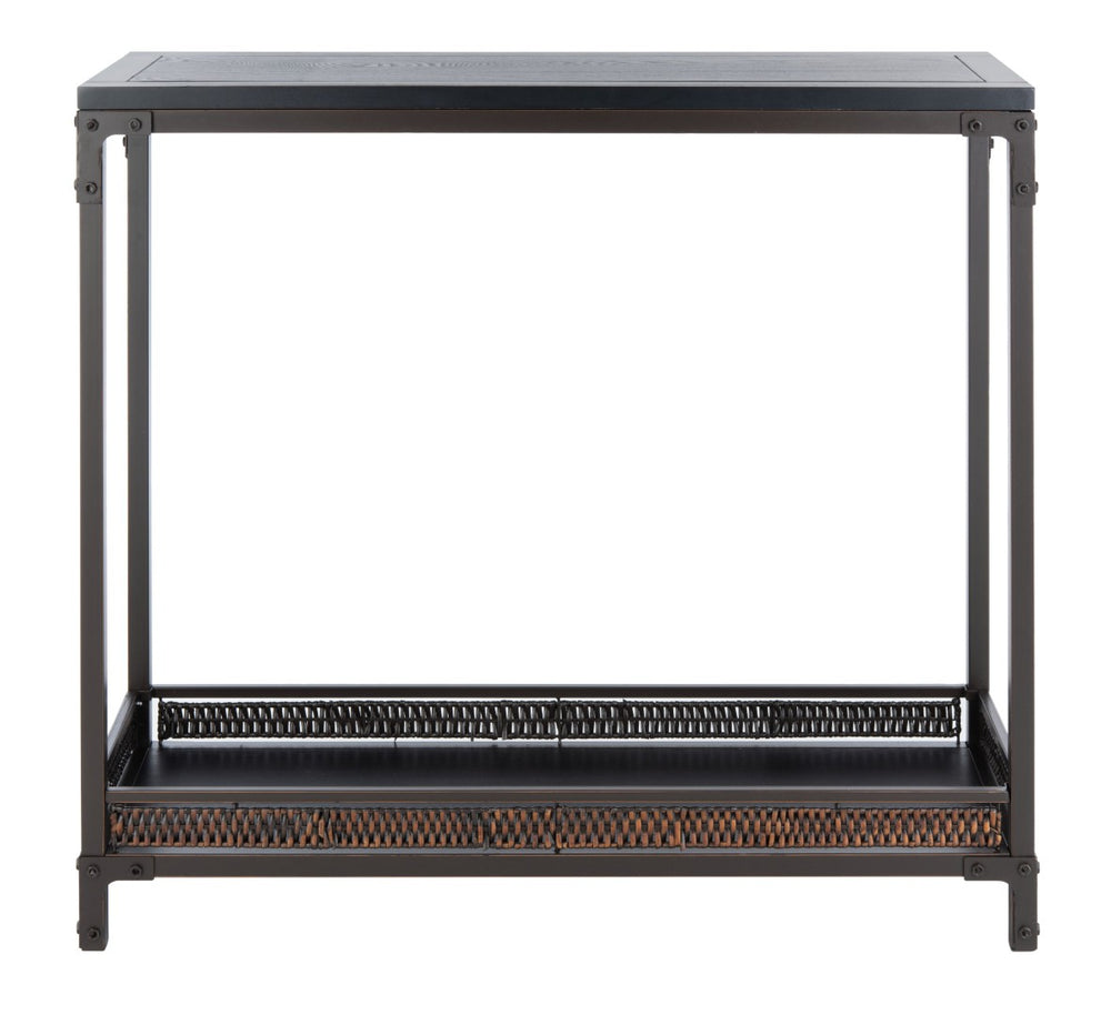 Safavieh Dinesh Industrial Console Table With Storage Shelf - Stylish Black Wood Top & Wicker Finish Design AMH6548A