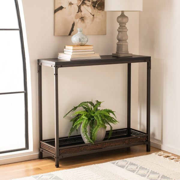 Safavieh Dinesh Industrial Console Table With Storage Shelf - Stylish Black Wood Top & Wicker Finish Design AMH6548A