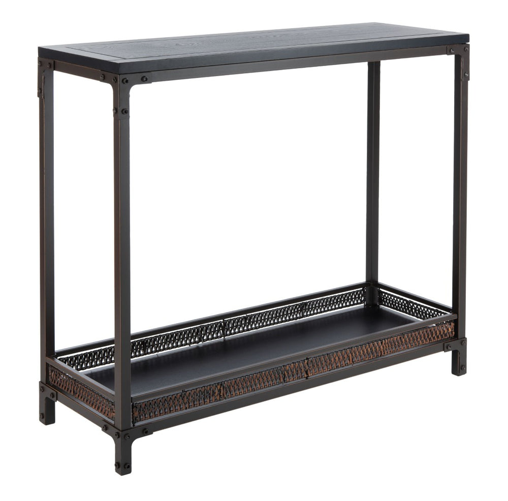 Safavieh Dinesh Industrial Console Table With Storage Shelf - Stylish Black Wood Top & Wicker Finish Design AMH6548A