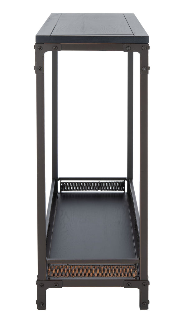 Safavieh Dinesh Industrial Console Table With Storage Shelf - Stylish Black Wood Top & Wicker Finish Design AMH6548A
