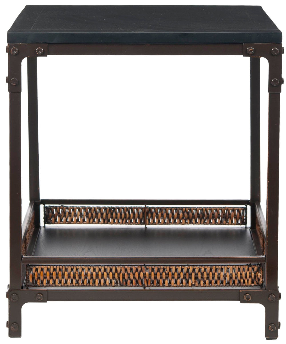 Safavieh Dinesh End Table With Wicker Storage Shelf - Stylish Black Wood & Dark Walnut Metal For Any Space AMH6549A