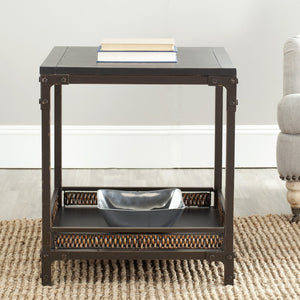Safavieh Dinesh End Table With Wicker Storage Shelf - Stylish Black Wood & Dark Walnut Metal For Any Space AMH6549A