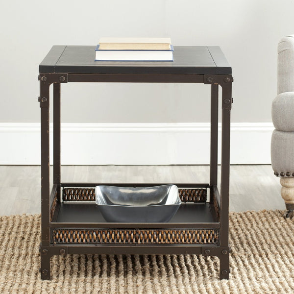 Safavieh Dinesh End Table With Wicker Storage Shelf - Stylish Black Wood & Dark Walnut Metal For Any Space AMH6549A