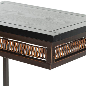 Safavieh Monica Oval End Table With Drawer - Modern Black Pine Top & Wicker Accents, Dark Walnut Frame AMH6554A