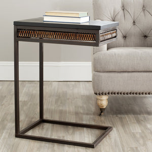 Safavieh Monica Oval End Table With Drawer - Modern Black Pine Top & Wicker Accents, Dark Walnut Frame AMH6554A