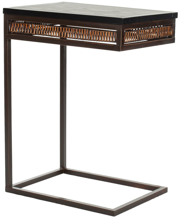 Safavieh Monica Oval End Table With Drawer - Modern Black Pine Top & Wicker Accents, Dark Walnut Frame AMH6554A