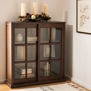 Safavieh Greg 3-Tier Pine Bookcase With Glass Sliding Doors For Stylish Storage And Dust-Free Display Dark Teak AMH6570A