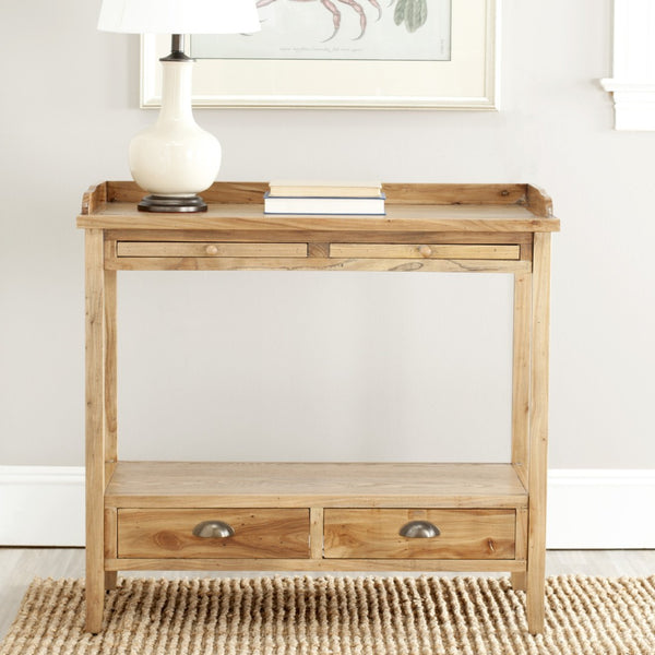 Safavieh Peter Console With Pull-Out Desk, Storage Drawers & Open Shelf – Rustic Weathered Oak Charm AMH6571A
