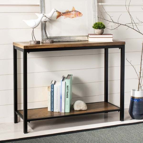 Safavieh Dennis Console Table - Industrial-Style Solid Elm With Metal Legs For Entryway Or Living Room Decor Oak AMH6589A