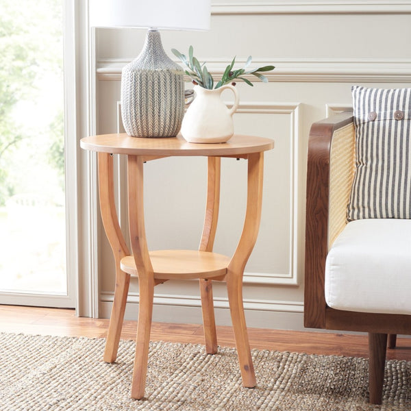 Safavieh Rhodes Round Pedestal Accent Table - Elegant Solid Elm Design With Lower Shelf For Stylish Storage Honey Natural AMH6617B
