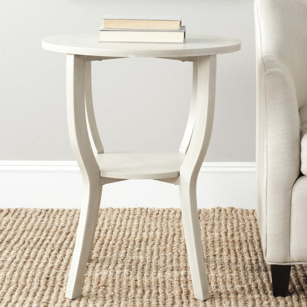 Safavieh Rhodes Round Pedestal Accent Table - Elegant Solid Elm Design With Lower Shelf For Stylish Storage White Washed AMH6617C