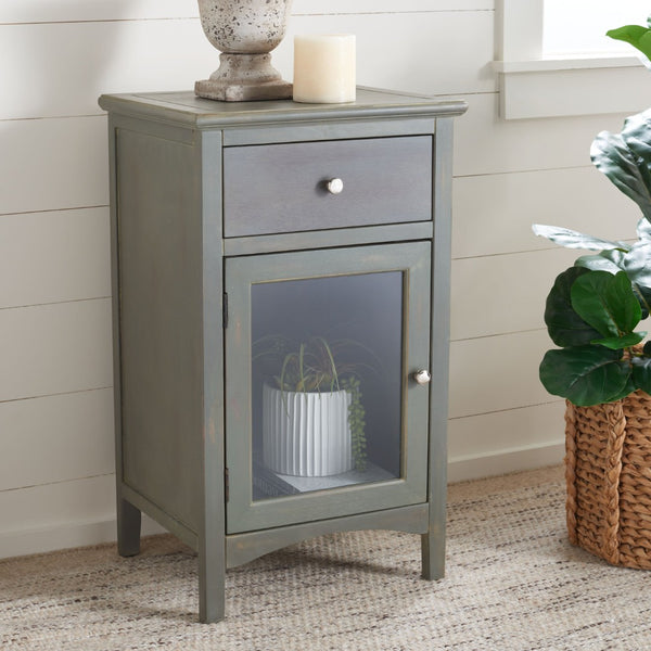 Safavieh Ziva One-Drawer Nightstand With Charming Glass Cabinet For Stylish Bedroom Storage & Display Ash Grey AMH6630A