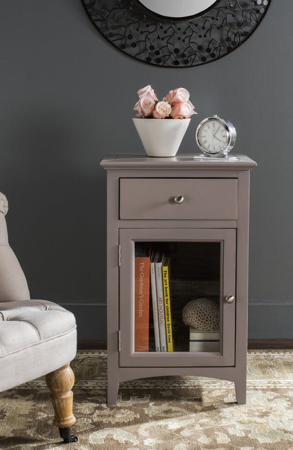 Safavieh Ziva One-Drawer End Table With Glass Cabinet - Rustic Pine Design Perfect For Small Spaces & Storage AMH6630E