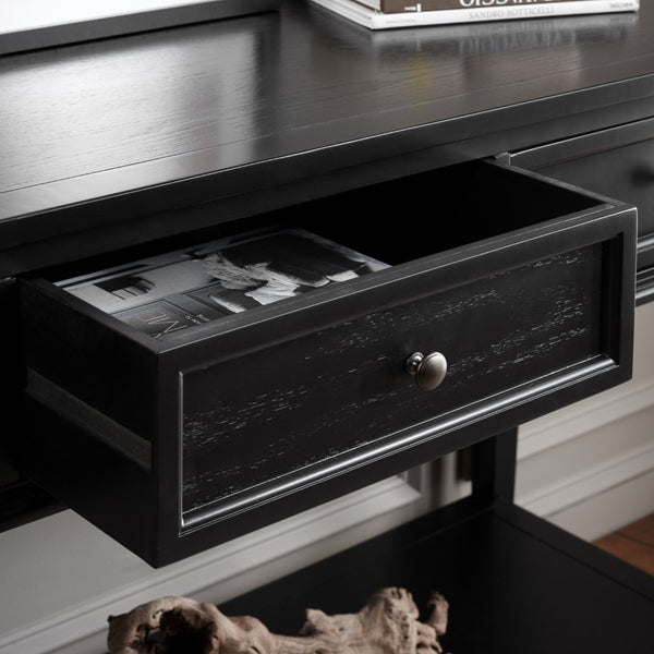 Safavieh Manelin Shaker-Inspired Console Table With Storage Drawers For Stylish Entryways And Living Spaces Black / Antique Gold AMH6641D