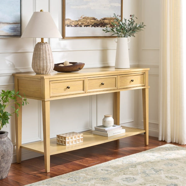 Safavieh Manelin Wood and Metal Console Table with Natural Grain Finish for Entryway or Living Room AMH6641E