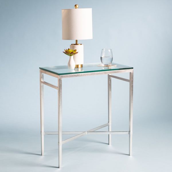 Safavieh VIGGO Antique-Inspired Side Table with Clear Tempered Glass - Glamorous Accent for Any Space Silver / Glass AMH8300B