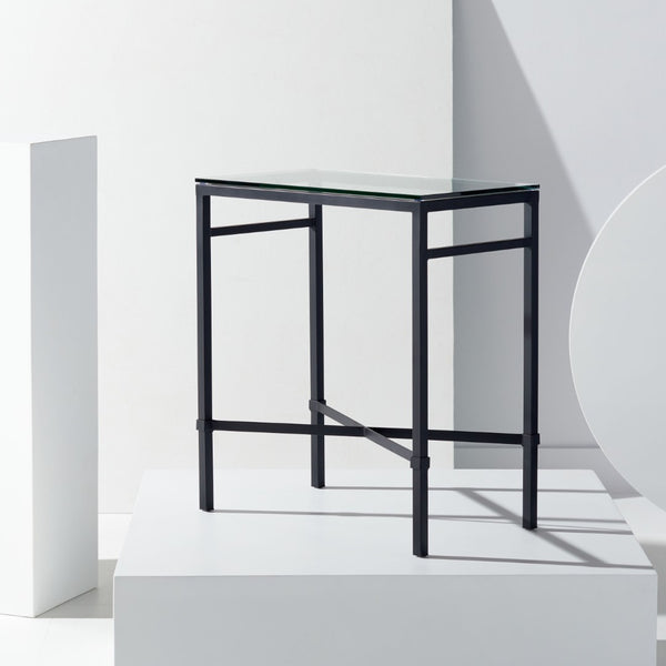 Safavieh VIGGO Antique-Inspired Side Table with Clear Tempered Glass - Glamorous Accent for Any Space Black AMH8300C