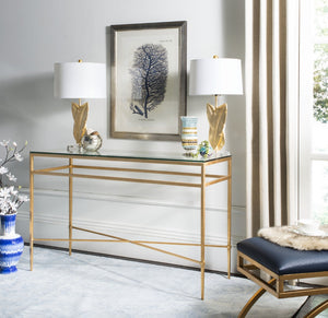Safavieh BAUMGARTEN Antique Metal Console Table - Elegant Glass Top for Entryway or Living Room Accents Gold AMH8305A