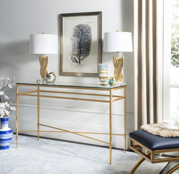 Safavieh BAUMGARTEN Antique Metal Console Table - Elegant Glass Top for Entryway or Living Room Accents Gold AMH8305A