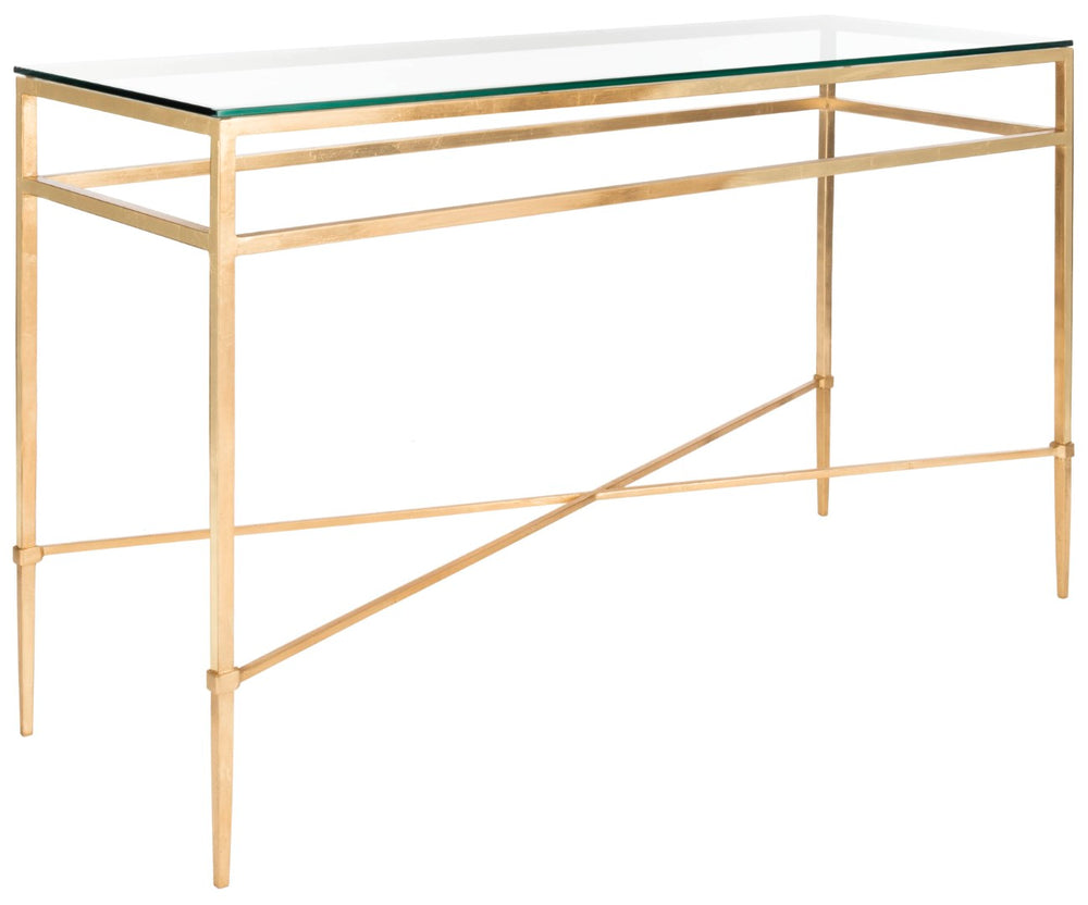 Safavieh BAUMGARTEN Antique Metal Console Table - Elegant Glass Top for Entryway or Living Room Accents Gold AMH8305A