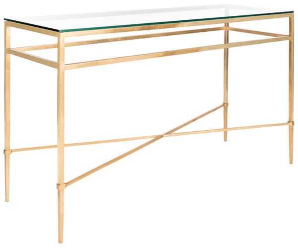 Safavieh BAUMGARTEN Antique Metal Console Table - Elegant Glass Top for Entryway or Living Room Accents Gold AMH8305A