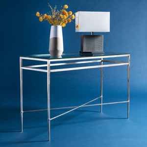 Safavieh BAUMGARTEN Antique Metal Console Table - Elegant Glass Top for Entryway or Living Room Accents Silver AMH8305B