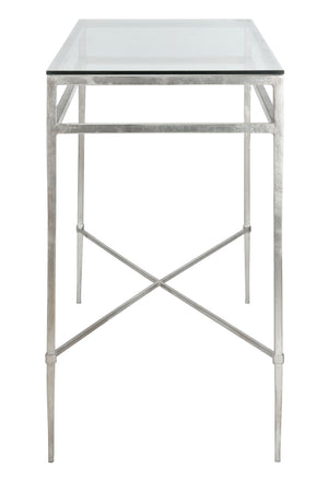 Safavieh BAUMGARTEN Antique Metal Console Table - Elegant Glass Top for Entryway or Living Room Accents Silver AMH8305B