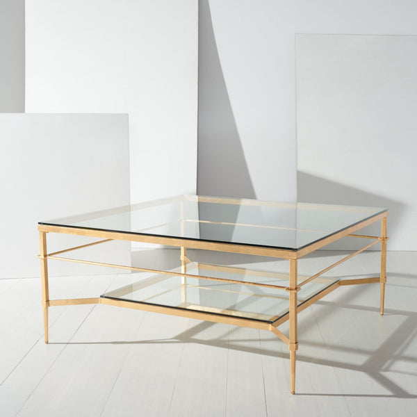 Safavieh MIEKA Gold Leaf Glass Cocktail Table – Modern Glam Round Design for Stylish Living Room Décor AMH8307A
