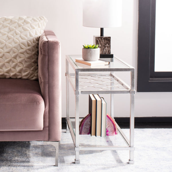 Safavieh HANZEL Silver Leaf Glass Side Table - Stylish Quatrefoil Design for Glamorous Small Spaces AMH8312B