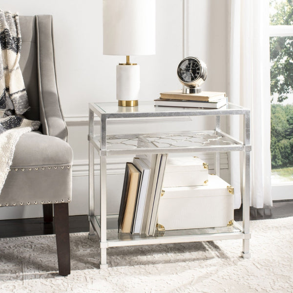 Safavieh HANZEL Silver Leaf Glass Side Table - Stylish Quatrefoil Design for Glamorous Small Spaces AMH8312B