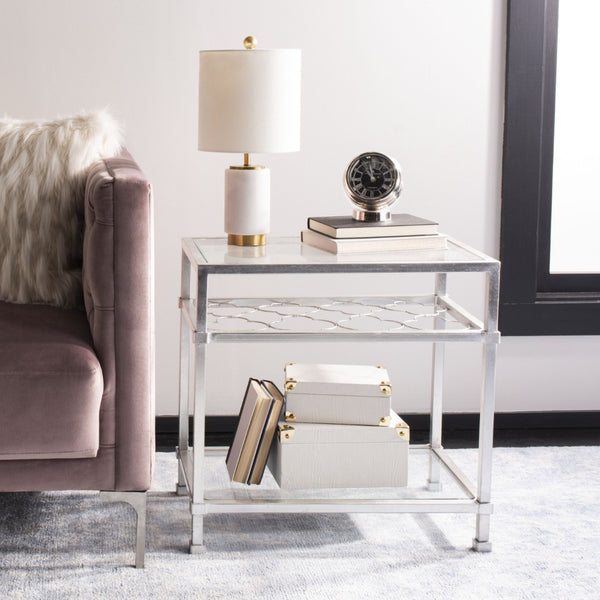 Safavieh HANZEL Silver Leaf Glass Side Table - Stylish Quatrefoil Design for Glamorous Small Spaces AMH8312B