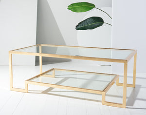 Safavieh VIVIAN Rectangle Gold Leaf Coffee Table – Luxurious Modern Glamour with Glass Top & Spacious Design AMH8344A