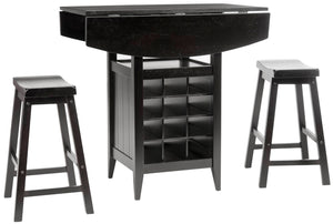 Safavieh Casey 3-Piece Drop-Leaf Pub Set With Built-In Wine Storage – Perfect For Compact Dining Spaces Espresso AMH8504A