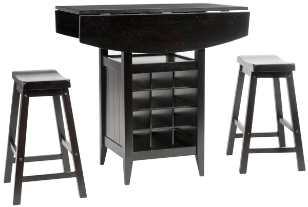 Safavieh Casey 3-Piece Drop-Leaf Pub Set With Built-In Wine Storage – Perfect For Compact Dining Spaces Espresso AMH8504A