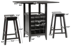 Safavieh Casey 3-Piece Drop-Leaf Pub Set With Built-In Wine Storage – Perfect For Compact Dining Spaces Espresso AMH8504A