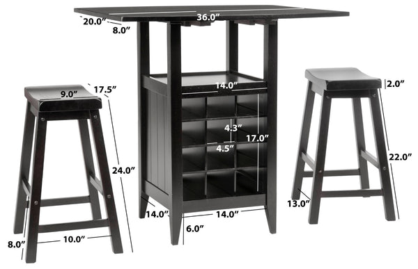 Safavieh Casey 3-Piece Drop-Leaf Pub Set With Built-In Wine Storage – Perfect For Compact Dining Spaces Espresso AMH8504A