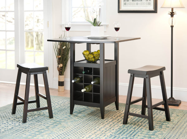 Safavieh Casey 3-Piece Drop-Leaf Pub Set With Built-In Wine Storage – Perfect For Compact Dining Spaces Espresso AMH8504A