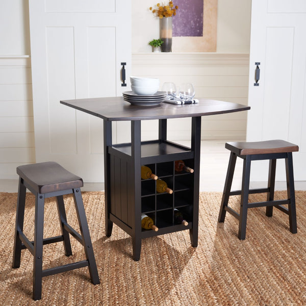 Safavieh Casey 3-Piece Drop-Leaf Pub Set With Built-In Wine Storage – Perfect For Compact Dining Spaces Dark Espresso / Black AMH8504B