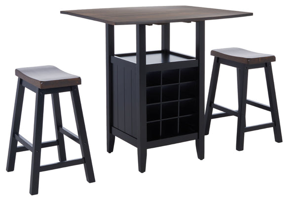 Safavieh Casey 3-Piece Drop-Leaf Pub Set With Built-In Wine Storage – Perfect For Compact Dining Spaces Dark Espresso / Black AMH8504B