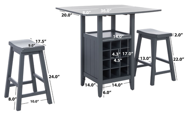 Safavieh Casey 3-Piece Drop-Leaf Pub Set With Built-In Wine Storage – Perfect For Compact Dining Spaces Grey AMH8504C
