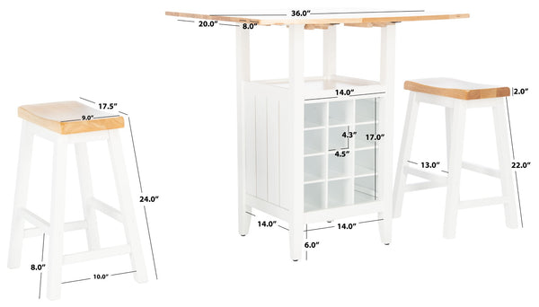 Safavieh Casey 3-Piece Drop-Leaf Pub Set With Built-In Wine Storage – Perfect For Compact Dining Spaces Natural/White AMH8504D