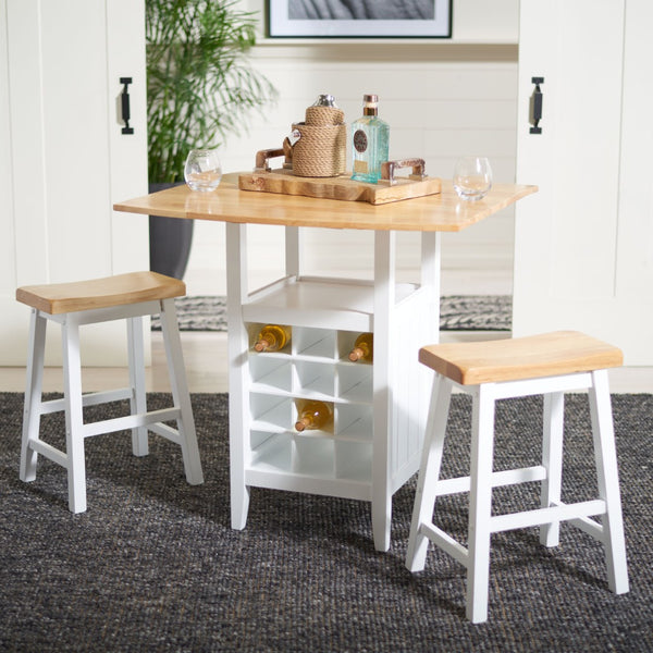 Safavieh Casey 3-Piece Drop-Leaf Pub Set With Built-In Wine Storage – Perfect For Compact Dining Spaces Natural/White AMH8504D